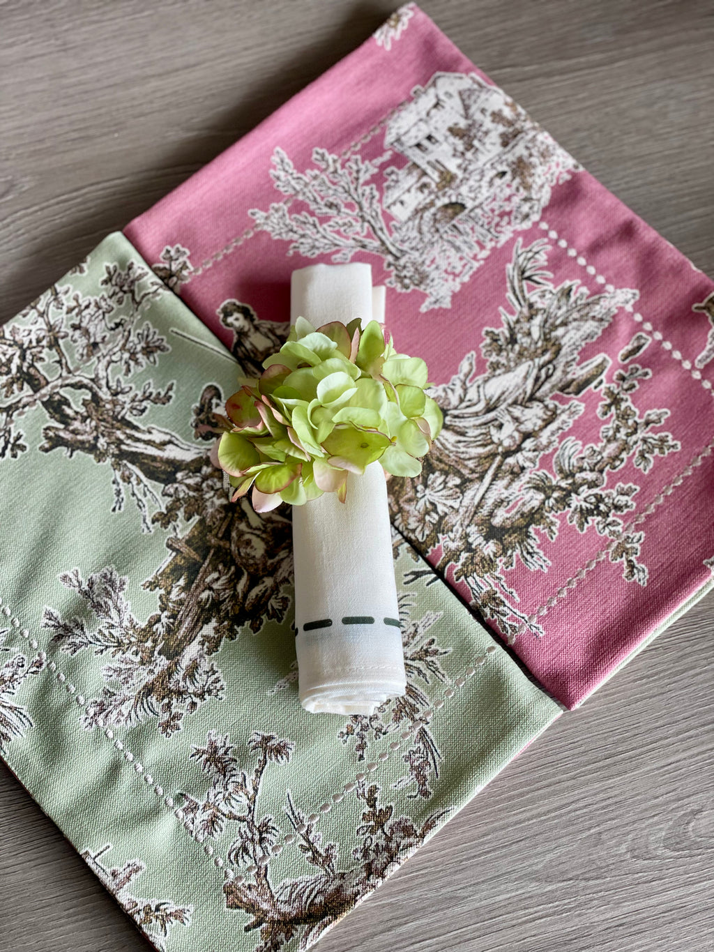 Set de Mesa Toile de Jouy Verde-Rosado
